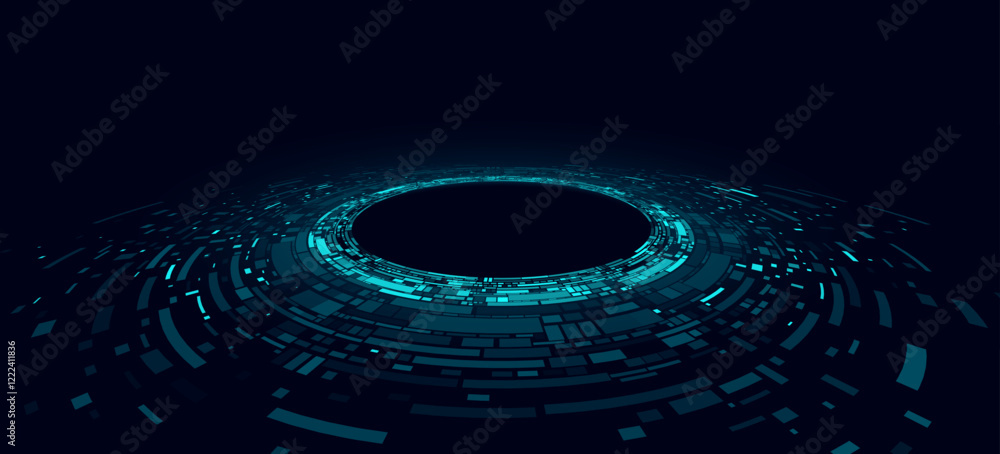 Poster big data visualization into cyberspace. digital circles of blue web fragments. futuristic background