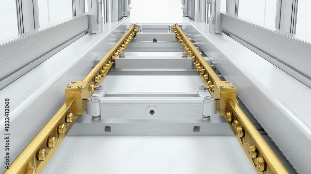 Poster close-up view of a precision-engineered sliding mechanism in a modern industrial setting