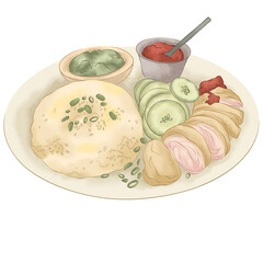 hand drawn illustration of singapore food hainanese chicken rice, southeast asian food illustration, food illustration