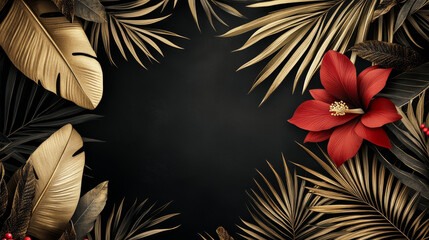 Tropical black and gold leaves on dark background vector poster Beautiful botanical design with golden tropic jungle palm leaves, exotic red flower Wedding ceremony invitation card, christmas greeting