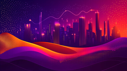 Night city skyline, data flow, vibrant waves