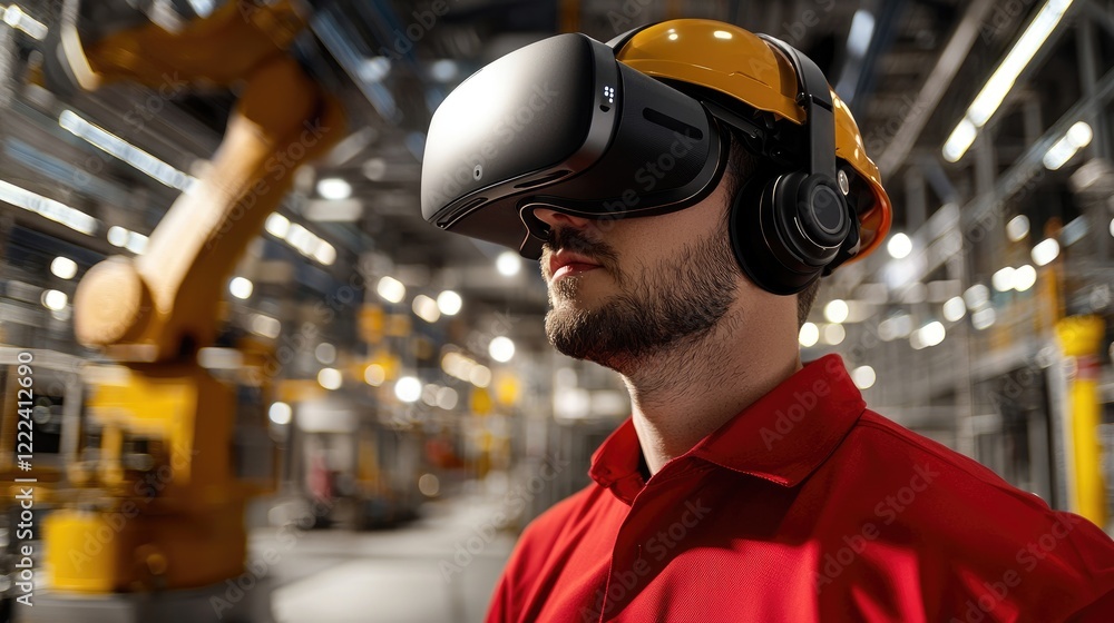 Poster worker using virtual reality technology in factory