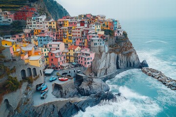 Manarola crumbling cliffside houses overlooking ligurian sea in cinque terre, italy