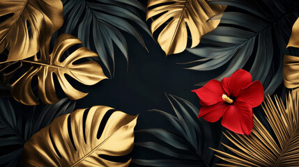 Tropical black and gold leaves on dark background vector poster Beautiful botanical design with golden tropic jungle palm leaves, exotic red flower Wedding ceremony invitation card, christmas greeting
