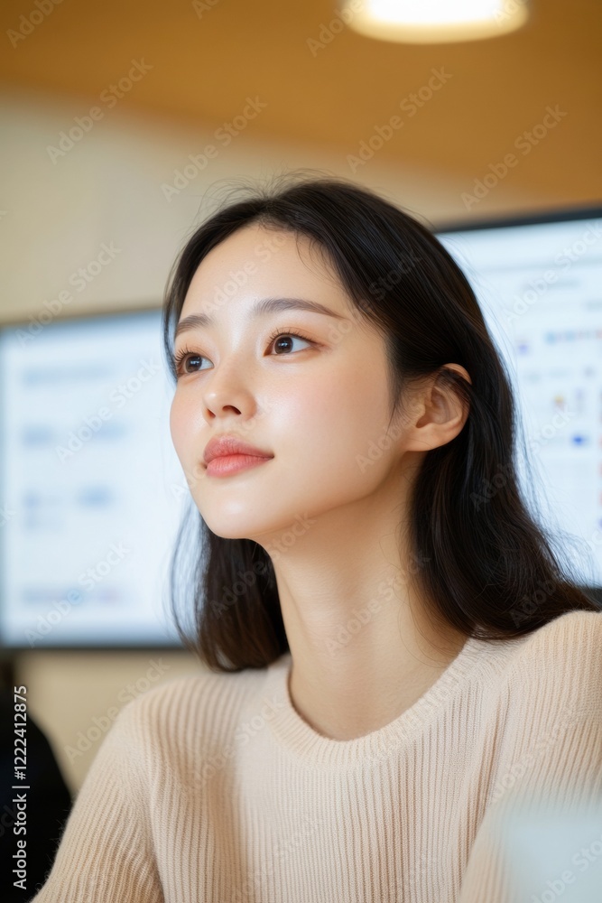 Poster minimalist office collaboration bright digital dashboard with modern south korean team - enhancing e