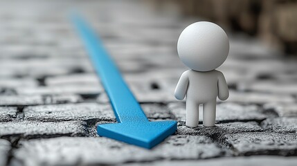 An engaging image of a minimalistic figure positioned against a sizable blue arrow pointing downwards, symbolizing challenges, reflection, and the journey of confronting difficulties and setbacks.