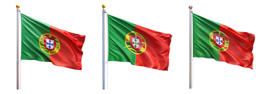 National flag of Portugal waving on a flagpole isolated on transparent background