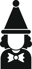 Clown wearing a big hat with pompom and a bow tie, simple black icon