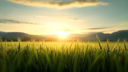 Fototapeta premium Sunlit Green Rice Field Under Golden Sky at Sunset Moment