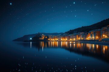 Fototapeta premium Tellaro reflecting in the ligurian sea at night under a starry sky