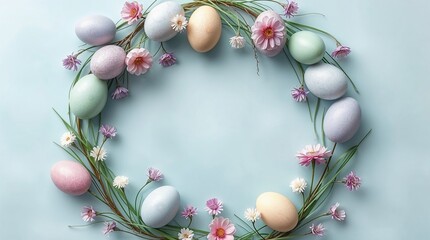 Obraz premium Easter background frame wreath made of eggs and spring flowers