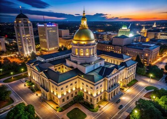 Obraz premium Atlanta's State Capitol: a breathtaking 4K night aerial, captured in low light.