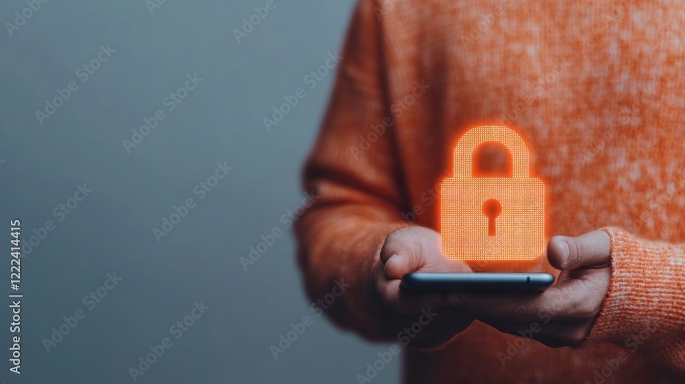 Poster Neon Cybersecurity Glowing Padlock on Smartphone for Digital Privacy - Tech-Savvy Mobile Security and Data Protection in Business and Personal Applications