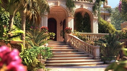 Grand Mansion Entrance With Lush Tropical Gardens
