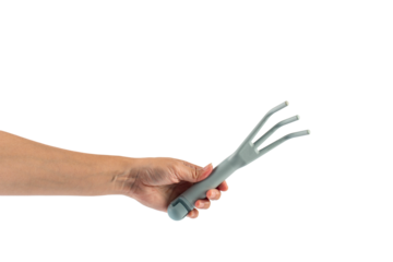 Garden tools with blue grips and hand on a transparent background