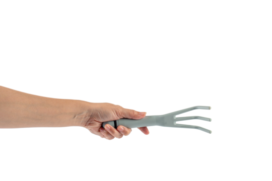 Garden tools with blue grips and hand on a transparent background