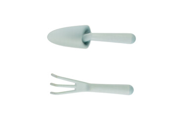 Garden tools with blue grips on a transparent background
