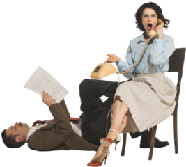 Young woman in retro clothes emotionally talking on vintage phone while man lying on floor and reading papers isolated on transparent background. Concept of retro and vintage, fashion, lifestyle