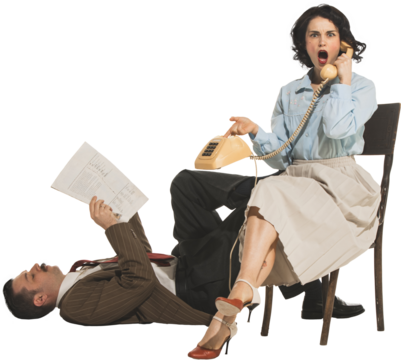 Young woman in retro clothes emotionally talking on vintage phone while man lying on floor and reading papers isolated on transparent background. Concept of retro and vintage, fashion, lifestyle