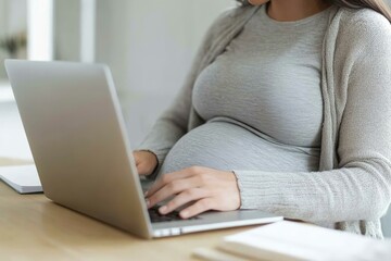 Naklejka premium Pregnant woman working on laptop.