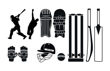 Cricket Bat ball pads all instruments vector clip art Isolated bundle, Hand drawn cricket Gloves, Helmet with stump Silhouette Set.
