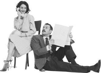 Elegant woman talking on retro phone and man sitting and reading newspaper isolated on transparent...