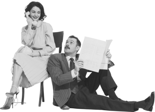 Elegant woman talking on retro phone and man sitting and reading newspaper isolated on transparent background. Monochrome image. Concept of retro and vintage, fashion, communication and lifestyle