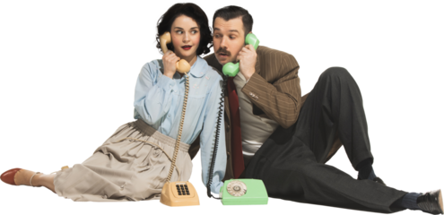 Emotional young man and woman sitting on floor and talking on vintage rotary phone isolated on transparent background. Communication, news. Concept of retro and vintage, fashion, human emotions, style