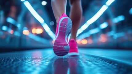 clad in vibrant pink sneakers, mid-stride on a polished, brightly lit indoor track.