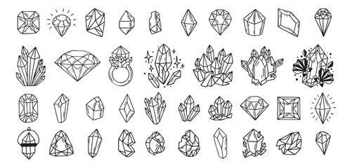 Mystical crystals or diamonds isolated clipart bundle set. Magic crystals hand drawn, crystals doodle, line gem stones isolated items on white esoteric