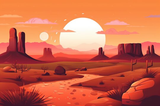 nature background of a cartoon desert with cacti, hills, sun, and mountain silhouettes, ideal for creating tranquil scenes.