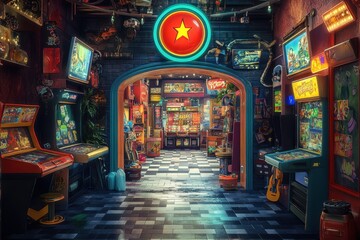 Obraz premium A neon sign with a red star on it hangs above a room full of arcade games