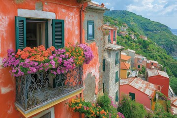 Colorful balcony overlooking the picturesque village of manarola in cinque terre, italy