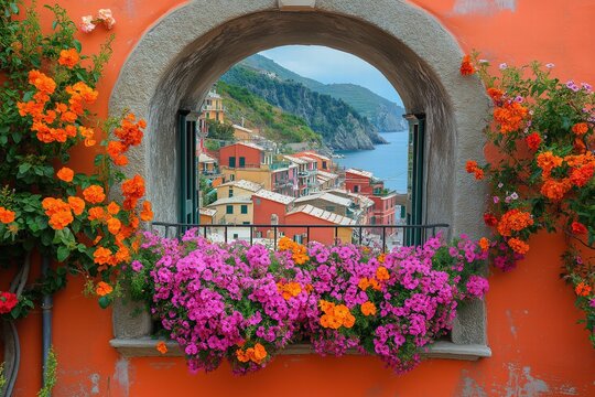 Fototapeta Blooming flowers framing picturesque view of manarola in cinque terre, italy