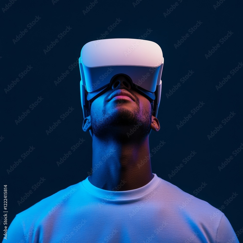 Aufkleber futuristic tech visualization athletic mixed race man with vr headset in blue light - virtual realit