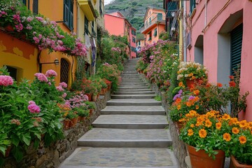 Fototapeta premium Blooming stairway in cinque terre: colorful flower pots adorning a picturesque italian street