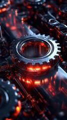 Fototapeta premium two meshing gears, one deep red and the other matte black, turning in perfect synchronization.