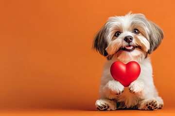 Lhasa apso - my treasured dog. Commercial idea. Cute lhasa apso pup with critter animal toy red heart - sign of love, funny greeting card. Puppy valentine card ideas. Pet valentine's day ideas.