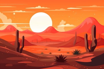 nature background of a cartoon desert with cacti, hills, sun, and mountain silhouettes, ideal for creating tranquil scenes.