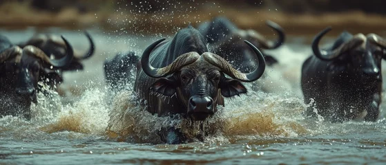 Fototapete Rund Powerful water buffalo charge through splashing water, displaying dynamic force and unity in the wild under harsh lighting. © Ai Studio