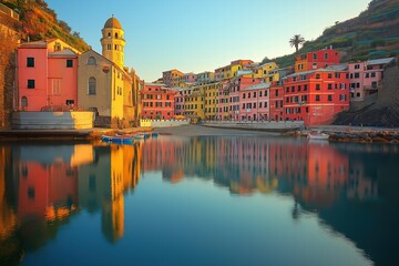 Naklejka premium Vibrant coastal village reflecting in tranquil waters