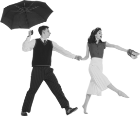 Young couple, dressed in vintage attire, holding hands and cheerfully walking under umbrella isolated on transparent background. Romantic date. Concept of retro and vintage, fashion, relationship