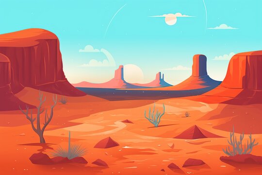 nature background of a cartoon desert with cacti, hills, sun, and mountain silhouettes, ideal for creating tranquil scenes.
