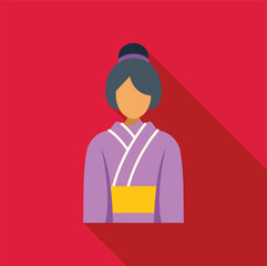 Minimalist vector illustration of a japanese woman wearing a traditional purple kimono dress with obi belt and long shadow on a red background, representing japanese culture