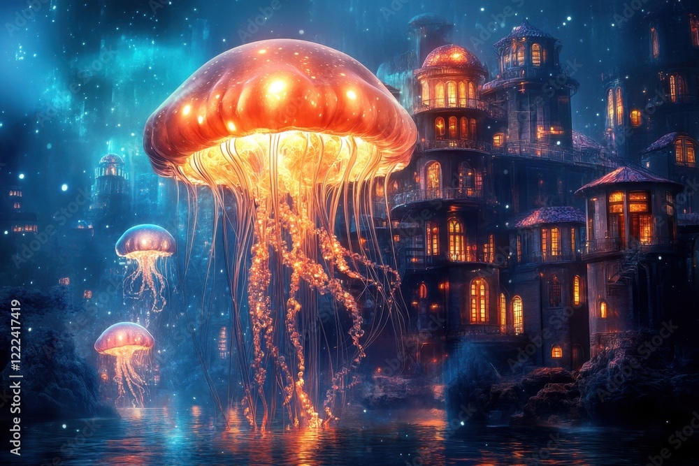 Poster a jellyfish is floating in the water next to a building with many windows