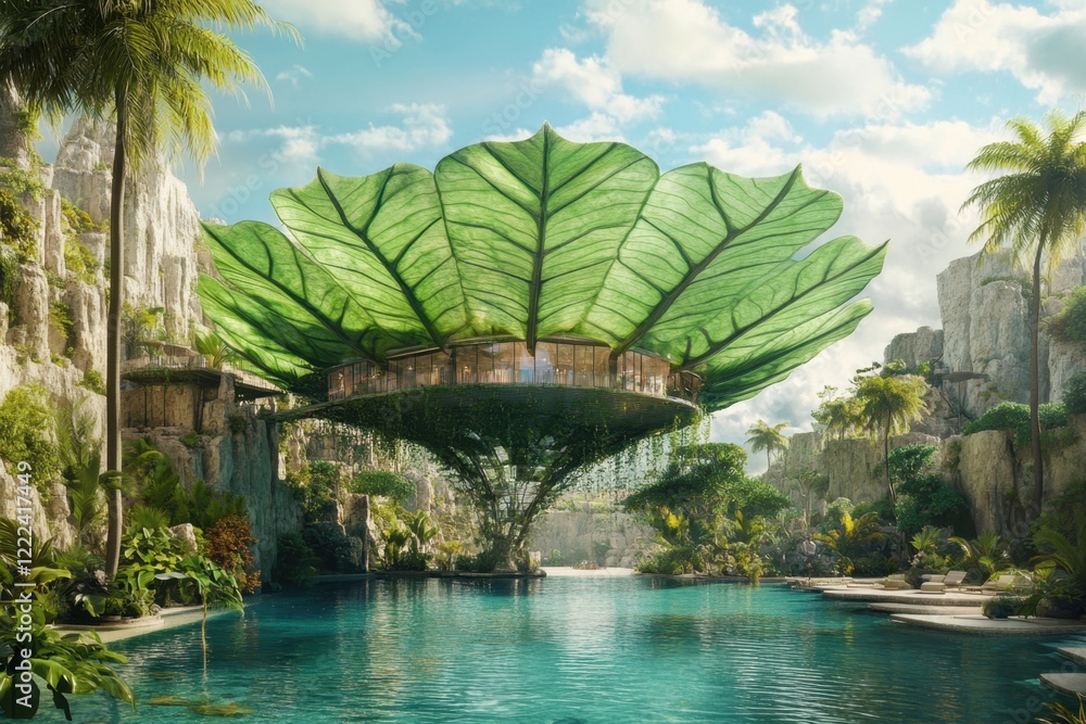 Poster a leafy tree with a house on top of it is surrounded by a pool of water