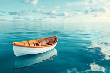 Naklejka premium A single boat floating in the middle of a vast, calm ocean, with no land in sight and the horizon blending seamlessly into the sky