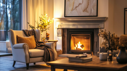 Fototapeta premium Night vintage living room with burning fireplace cartoon illustration. Dark luxury interior with armchair and sofa in hotel apartment. Front view game lounge scene with marble picture and wood table.