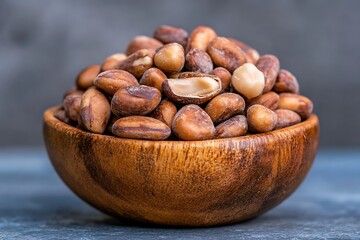 Obraz premium Heap of brown pebbles with wooden scoop isolated on white background