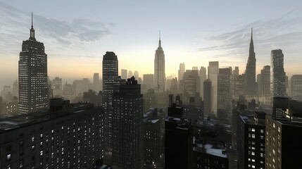 Fototapeta premium Cityscape at Dawn Skyscrapers Illuminate the Morning Sky